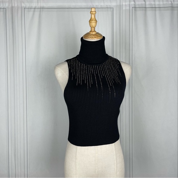 Zara Cropped Rhinestone Sleeveless Turtleneck - Black - Women's Size‎ Medium - Picture 1 of 8